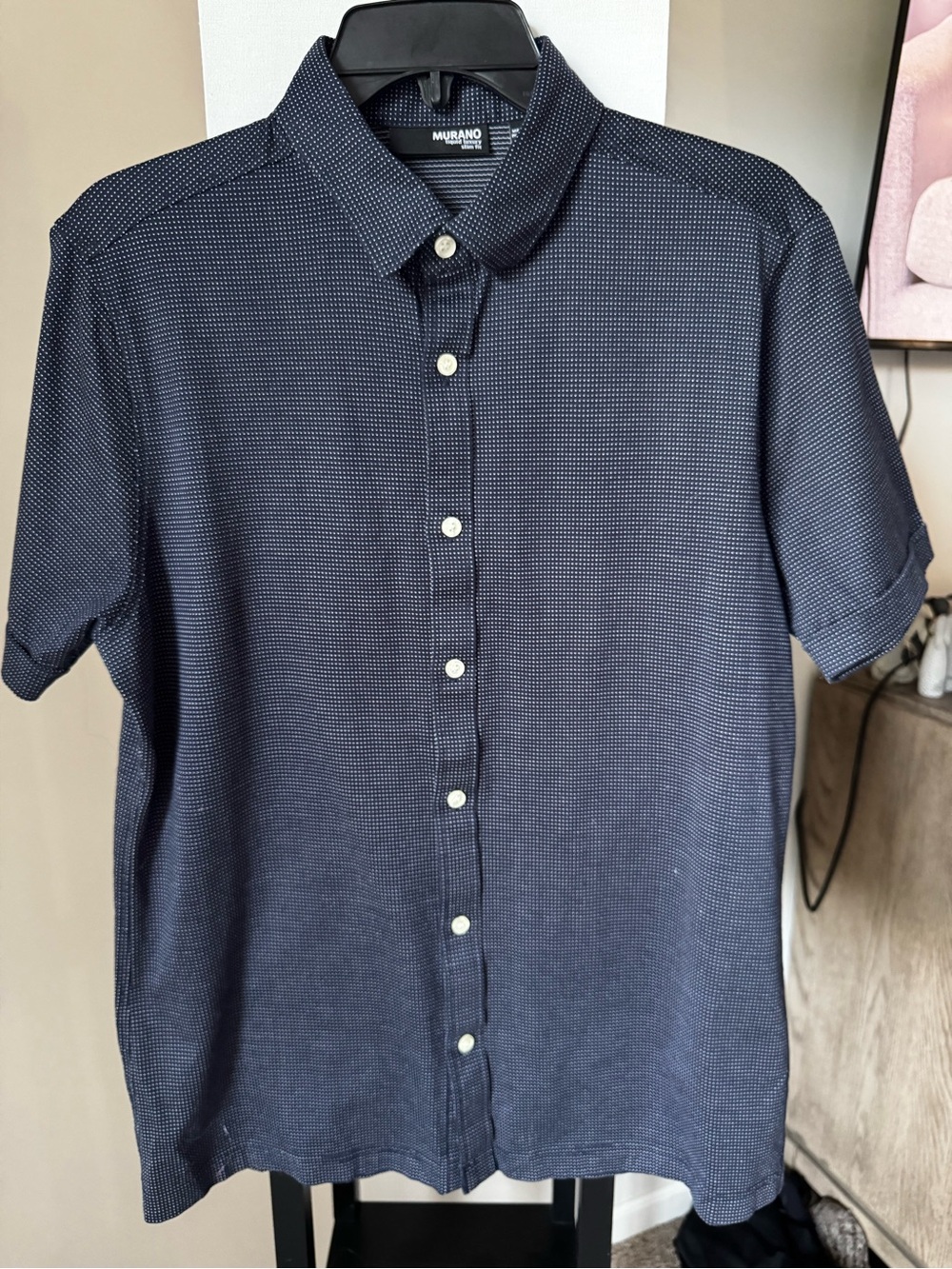 Murano Navy Dot-Pattern Short Sleeve Button-Down Shirt